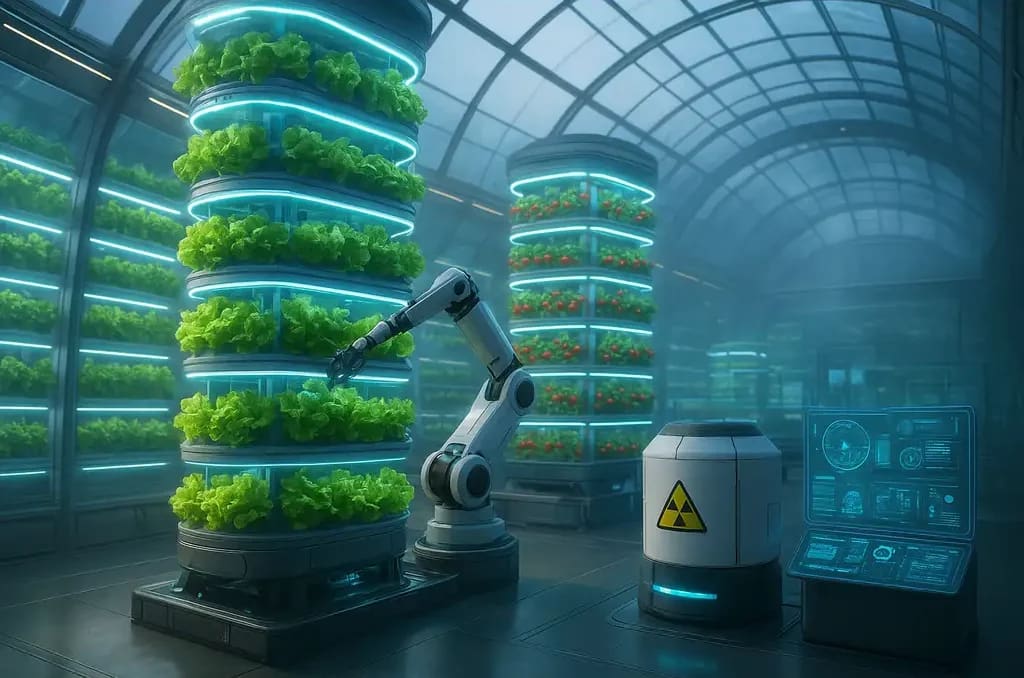 A futuristic rendering of a fully automated, AI-driven vertical farm, powered by a small nuclear microreactor, symbolizing the future of agricultural technology.