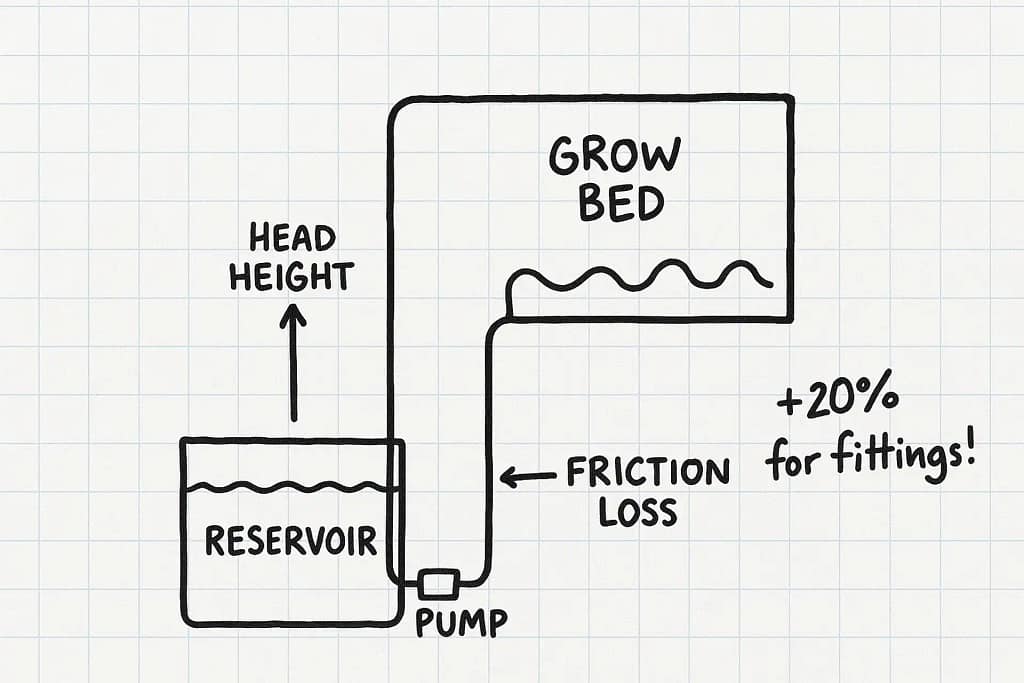 A DIY-style diagram scrawled on graph paper showing a reservoir, a pump, and tubing going up to a grow bed.