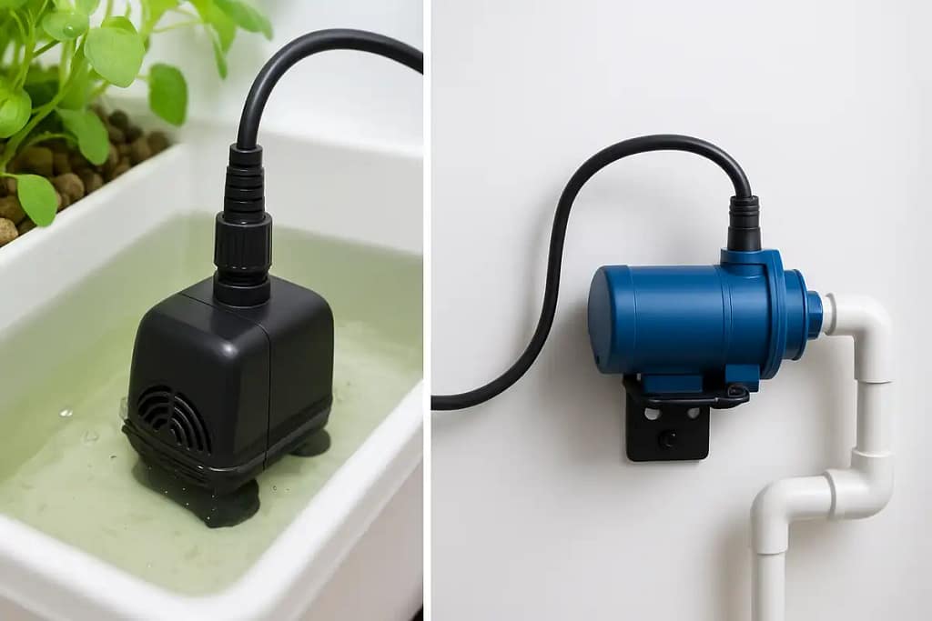 Side-by-side photo comparison of a submersible water pump in a hydroponic reservoir