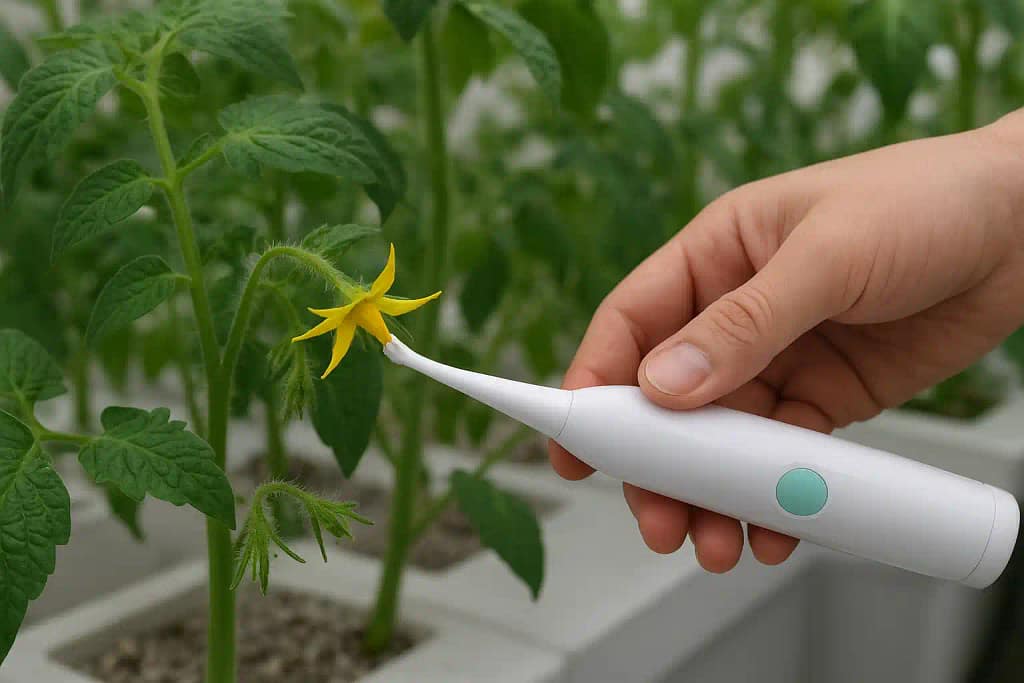A close-up shot of a hand using an electric toothbrush to gently vibrate and pollinate a tomato flower within a controlled hydroponic environment.
