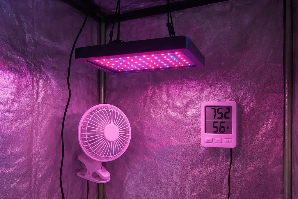 An inside view of a hydroponic grow tent showing a digital thermometer/hygrometer, a small oscillating fan, and LED grow lights, representing precise climate control for plants.