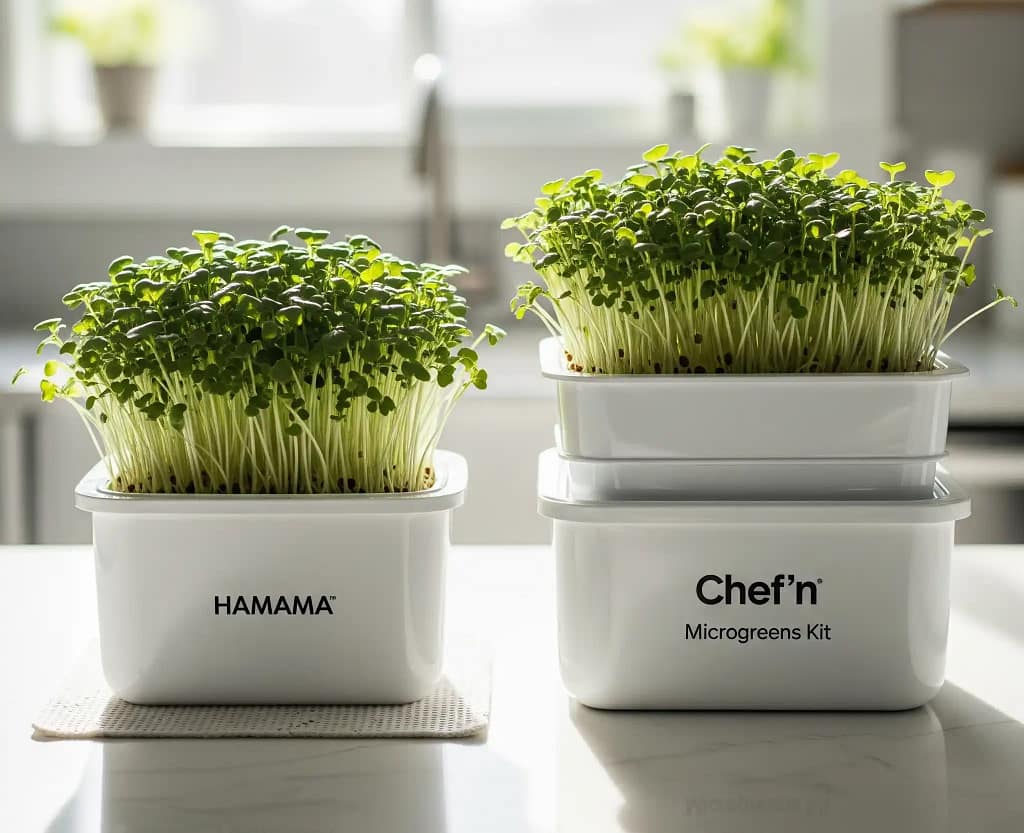 Hamama vs Chef'n microgreens kit comparison on kitchen counter | best beginner hydroponic kits
