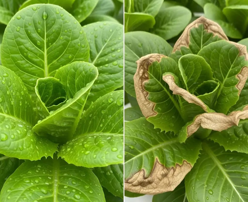 A close-up side-by-side photo of healthy hydroponic lettuce leaves next to leaves showing signs of nutrient tip burn, illustrating the effects of calcium and magnesium deficiency.