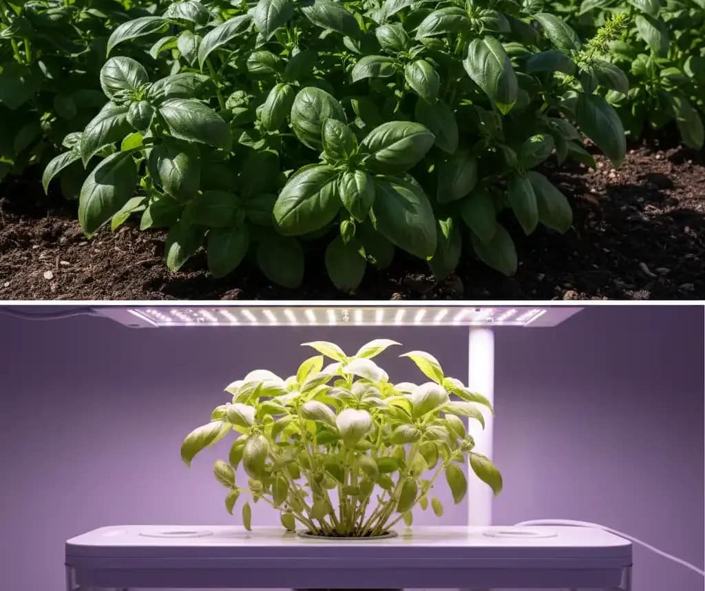 Visual comparison showing the color and size difference between basil grown in soil vs in a hydroponic kit.