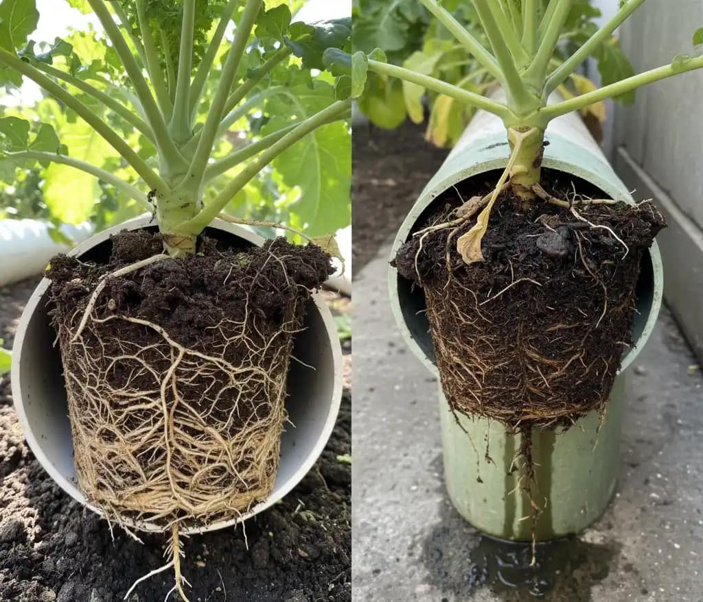 Comparison of a healthy root ball in a correctly sized 6" PVC pipe vs. root rot in an undersized 2" pipe for hydroponics.
