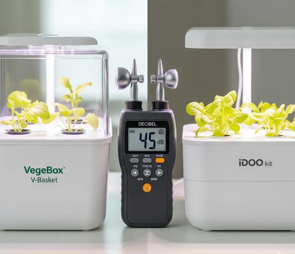 A side-by-side photo of a hand-held decibel meter next to a VegeBox V-Basket and an iDOO kit, showing the difference in noise levels between two popular budget hydroponic systems.
