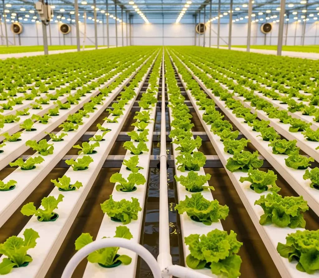 A commercial-grade Nutrient Film Technique (NFT) hydroponic channel system with rows of healthy lettuce plants.
