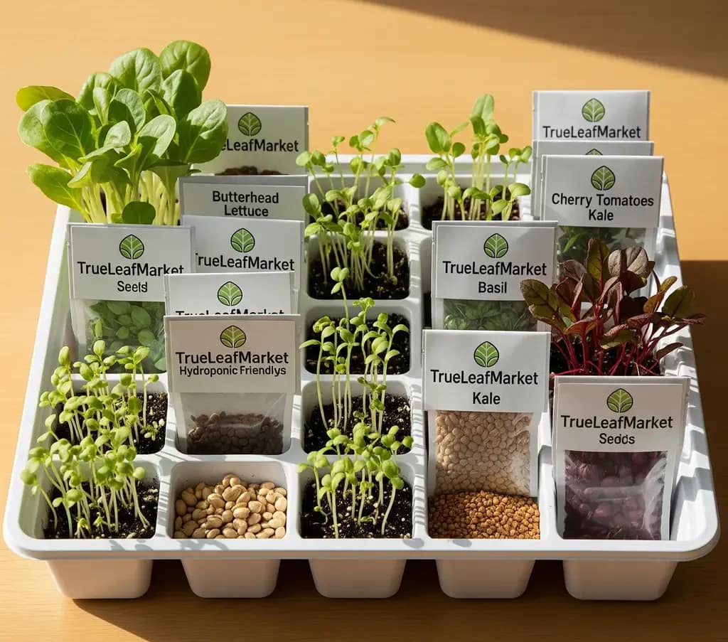 A Microgreen seed pod with sprouted seed and label with the name card 