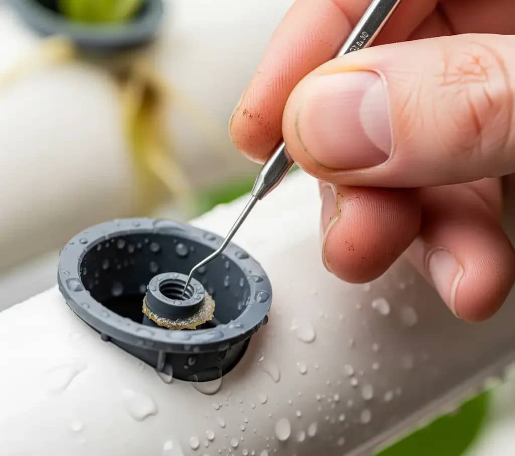 A close-up, macro shot of a hand cleaning a clogged aeroponic nozzle with a dental pick, illustrating a key maintenance task for a DIY vertical garden.