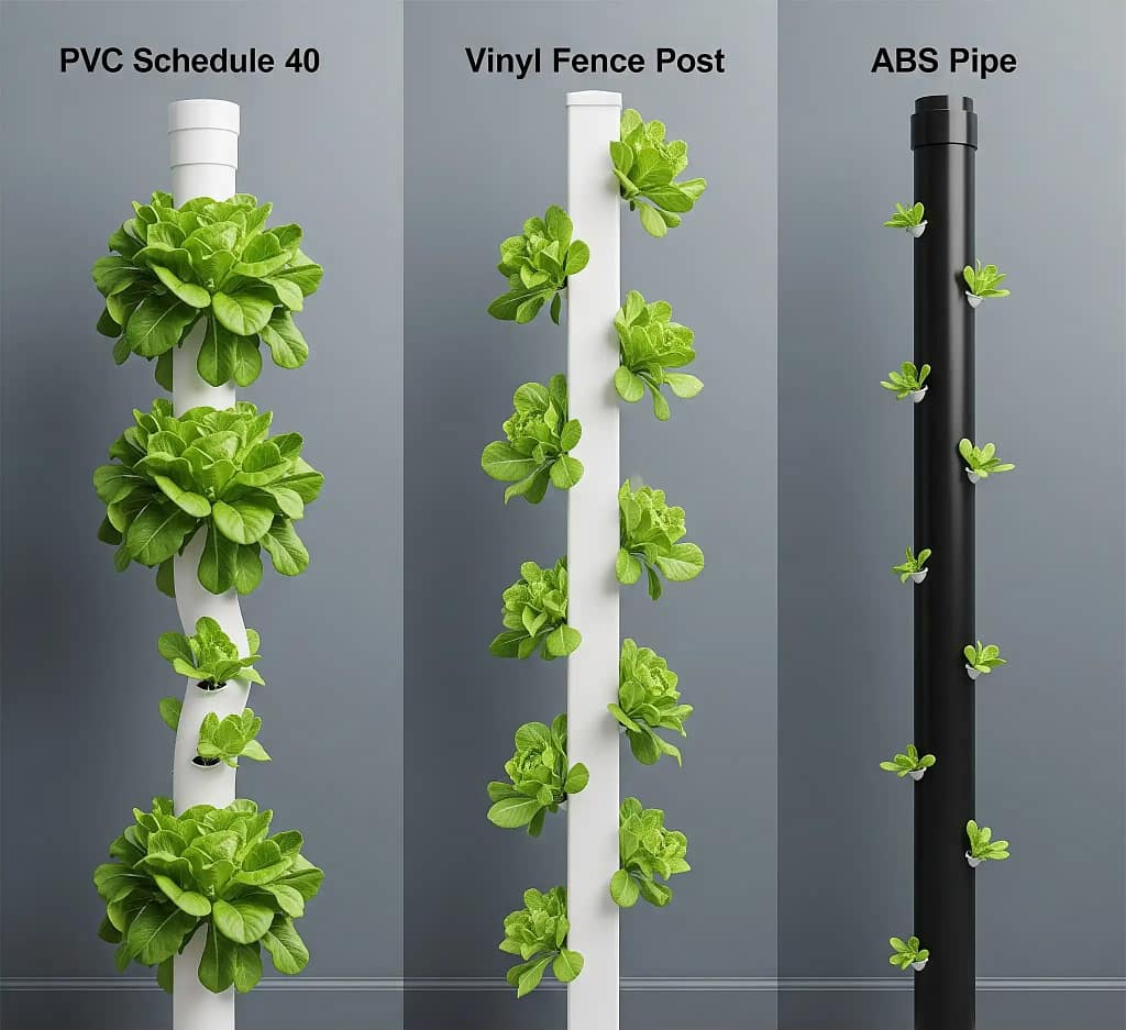A side-by-side comparison of three vertical hydroponic towers made from different materials. From left to right: a white PVC Schedule 40 pipe with a noticeable bow, holding several lettuce plants; a straight white vinyl fence post with healthy lettuce plants; and a straight black ABS pipe with lettuce plants. This illustrates the structural integrity differences.