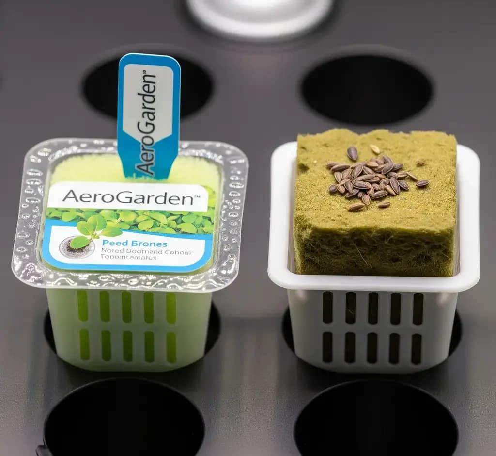 A close-up shot comparing an expensive, branded proprietary seed pod from an AeroGarden with a cheap, generic rockwool cube and loose seeds.