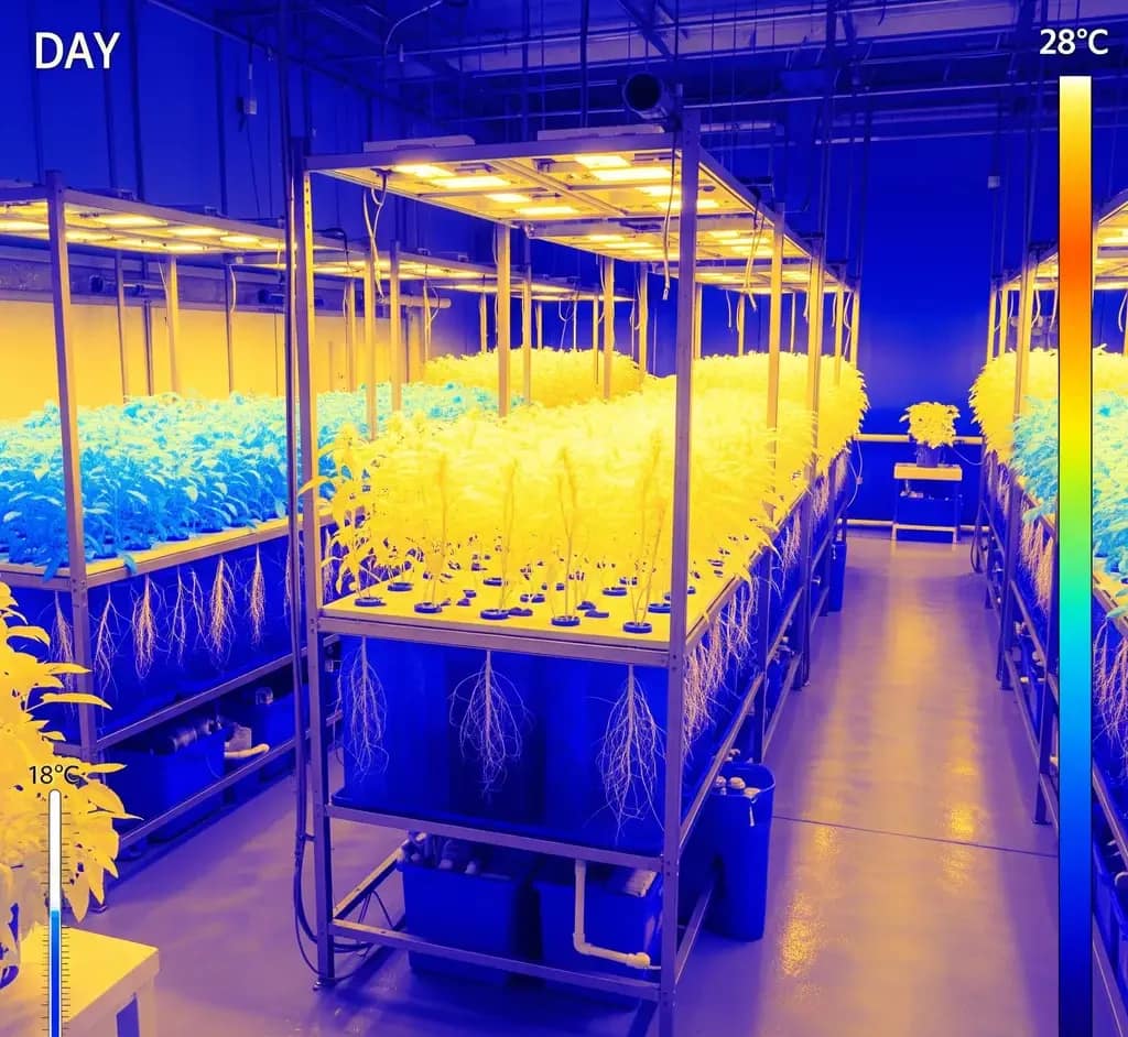 An infrared photo of a hydroponic grow room showing warm day and cool night temperature variations to optimize plant growth.