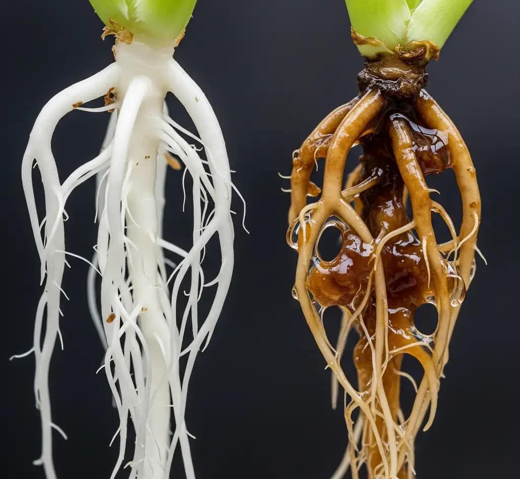 A macro photo of healthy, white, and robust aeroponic roots side-by-side with roots that are brown and slimy from a Pythium infection.