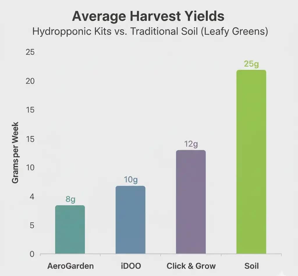 Bar chart showing the average weekly yield in grams for popular hydroponic kits is much lower than for soil gardening.