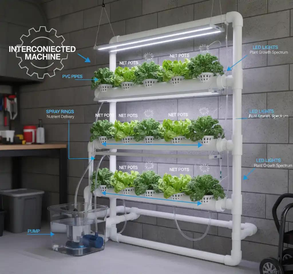 3D technical diagram of a DIY PVC pipe hydroponic tower showing water flow, component labels, and healthy plants.