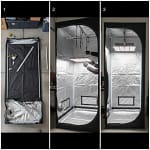 Step-by-step photos showing the easy method of assembling a grow tent by laying it on its back first.