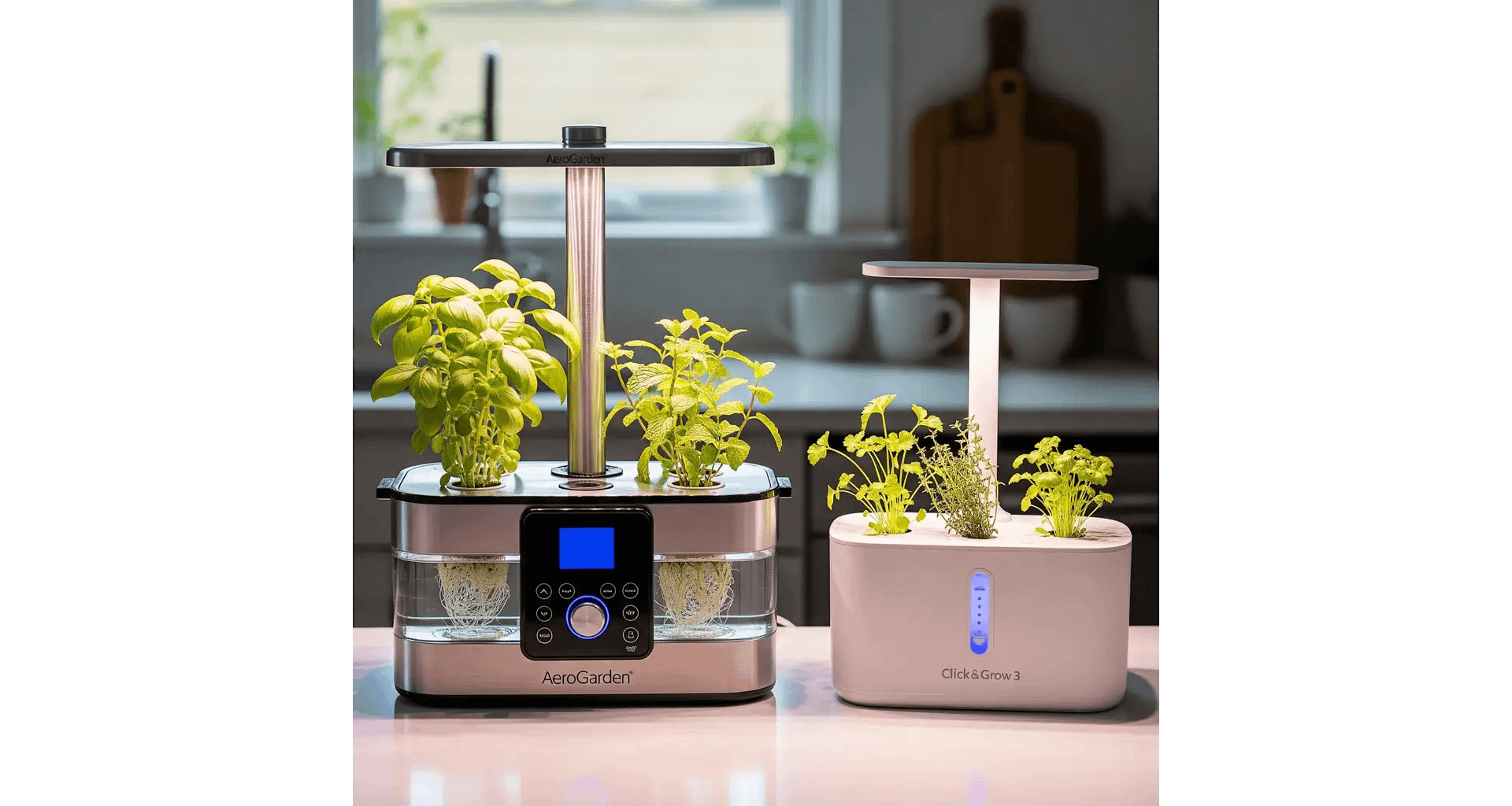 A close-up shot of an AeroGarden Harvest Elite and a Click & Grow 3 side-by-side on a kitchen counter, showing the different designs of two popular hydroponic herb garden kits.