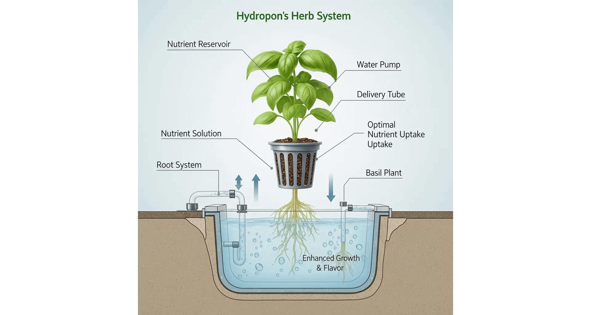 A detailed diagram showing how hydroponic herb nutrients are delivered directly to the plant's roots for optimal growth and flavor.