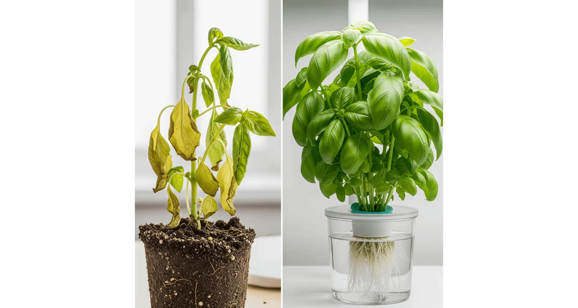A side-by-side comparison showing a sad, yellowed basil plant in soil next to a lush, vibrant hydroponic basil plant to illustrate the benefits of hydroponic herb growing.