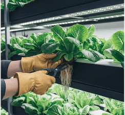 A grower trimming plant roots in an NFT hydroponic system to prevent clogs
