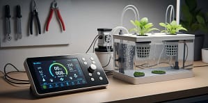 A budget hydroponic controller setup, showing the display and connected probes for a hydroponic system.