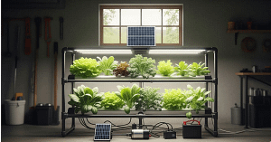 A small-scale, off-grid hydroponics system with a solar panel and a solar pump.