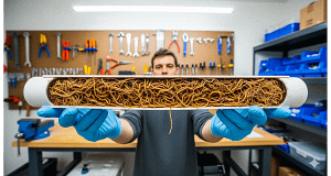 A cross-section of an NFT hydroponic channel revealing a tangled root mass, highlighting the challenge of cleaning these systems.