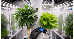 An expert guide to aeroponic nutrient management, showing a grower adjusting an EC and pH meter.