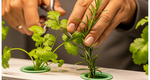 A close-up showing fresh, potent hydroponic cilantro and rosemary, demonstrating the success of year-round herb cultivation.