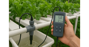 A side-by-side comparison of an inline hydroponic sensor and a handheld meter, demonstrating the difference in monitoring technology for pH and EC.