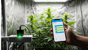 A grower using a smartphone app to program the best timers and smart plugs for a hydroponic system, demonstrating the automation of a grow.