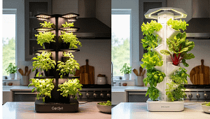 A visual comparison of the Gardyn and Lettuce Grow vertical hydroponic systems, illustrating their design differences and how they fit into a home environment.