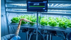 A corroded hydroponic pH and EC meter probe, symbolizing the importance of regular calibration and maintenance to prevent a "silent pH crash" from killing a crop.