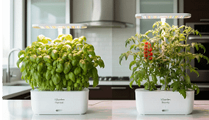 A visual comparison of the AeroGarden Harvest and Bounty models, showcasing the difference in size, plant growth, and capabilities for a detailed review.