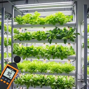 A full-rack hydroponic system with a decibel meter in the foreground, demonstrating the noise levels of high-yield setups.