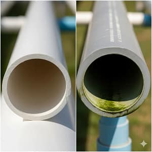 A visual comparison of a food-grade UV-stabilized NFT hydroponic channel and a non-food-grade uPVC pipe with algae inside.