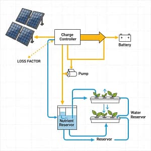 A diagram illustrating the energy flow in an off-grid hydroponic system, including a loss factor for inefficiencies.