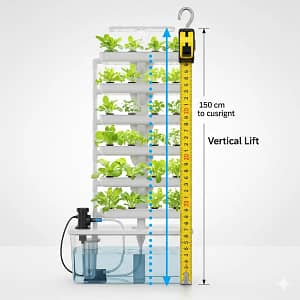 Measuring the vertical head height for a solar hydroponic pump in a multi-tier system.
