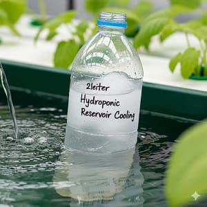 A frozen water bottle used to passively cool a hydroponic reservoir.