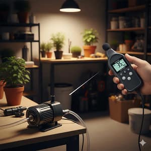 A decibel meter measures the noise level of a quiet solar water pump for an off-grid hydroponic system.