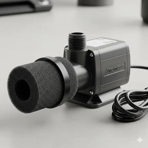 A submersible hydroponic pump with an installed sponge pre-filter to prevent debris and clogs.