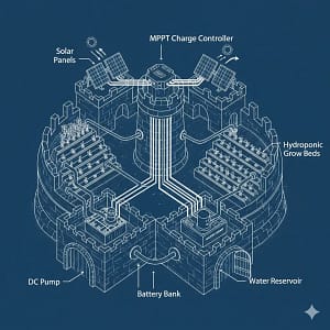 A blueprint of an unbreakable off-grid hydroponic system, highlighting key components for reliability.