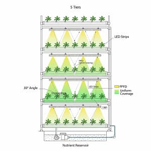 A blueprint of a vertical garden showing LED strip placement and how angled lighting creates uniform PPFD coverage.