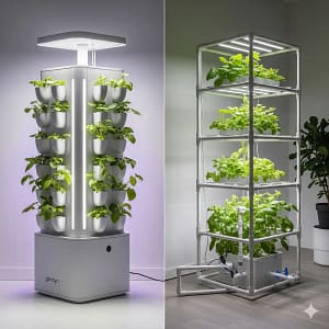  A visual comparison of a high-end, minimalist vertical hydroponic garden and a more functional, utilitarian PVC rack system.