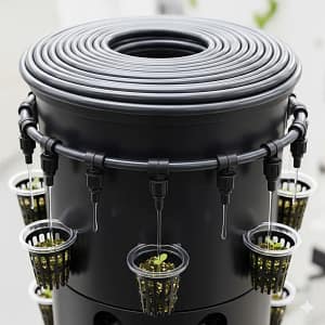 A manifold with drip emitters designed for a DIY vertical hydroponic tower to ensure even water flow to all plants.