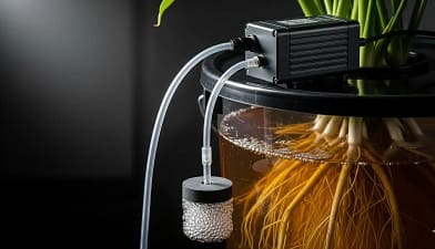 air pump on a black bucket lid, connected to tubing and a bubbling air stone, with thick white roots visible in the nutrient-rich water