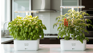 A visual comparison of the AeroGarden Harvest and Bounty models, showcasing the difference in size, plant growth, and capabilities for a detailed review.
