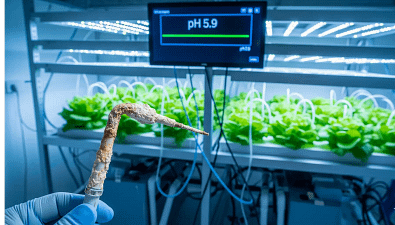 A corroded hydroponic pH and EC meter probe, symbolizing the importance of regular calibration and maintenance to prevent a "silent pH crash" from killing a crop.