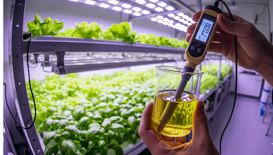 A close-up of a person calibrating a digital pH and EC meter in a hydroponic setup to ensure accurate nutrient readings and prevent crop failure.