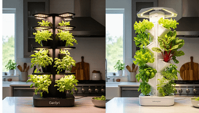 A visual comparison of the Gardyn and Lettuce Grow vertical hydroponic systems, illustrating their design differences and how they fit into a home environment.